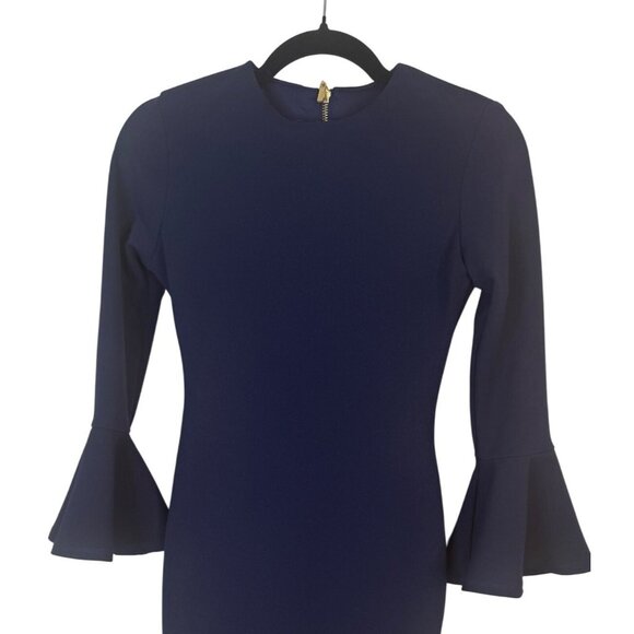 2/$30 B DARLIN Small Navy Blue Bell Sleeve Mini Dress Gold Back Zipper - Picture 4 of 16